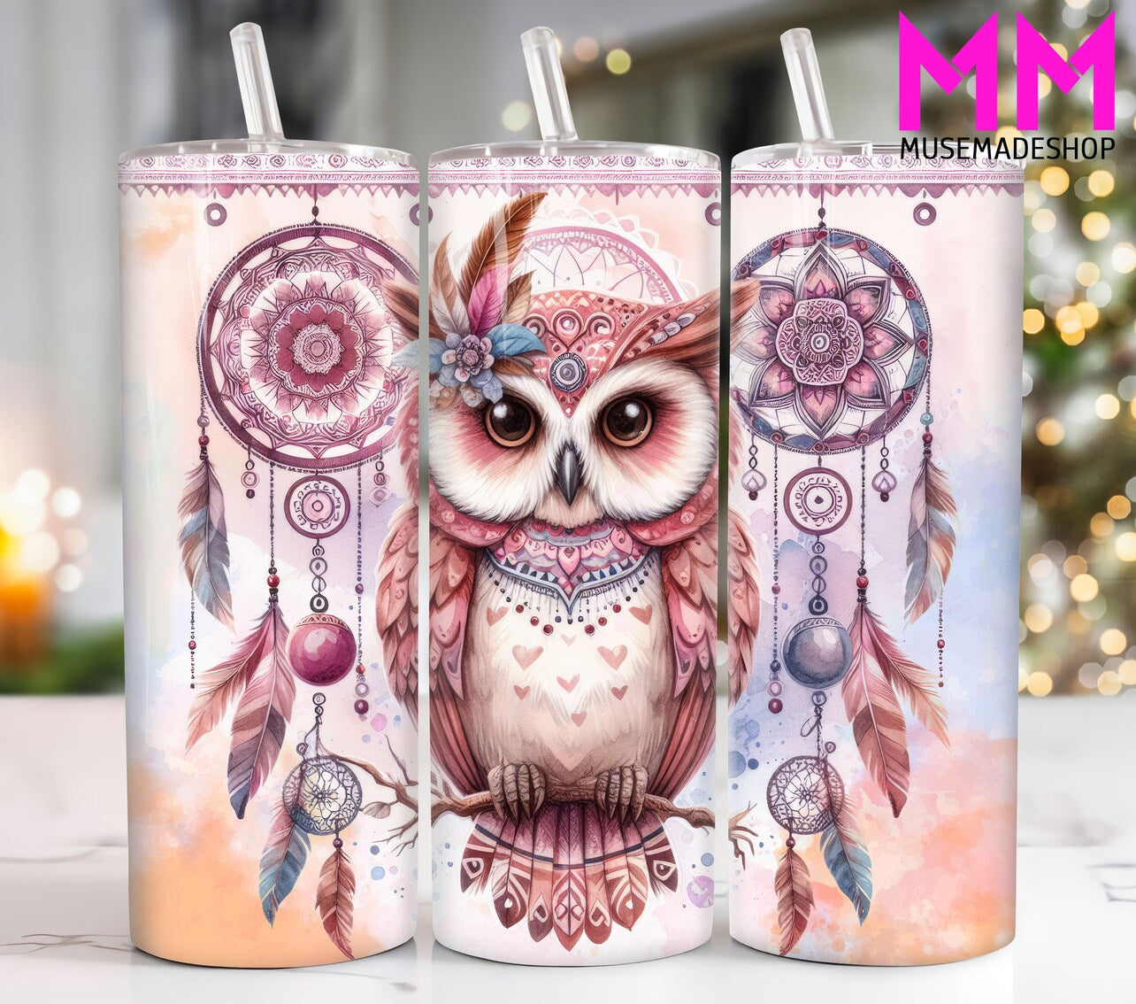 Pink Boho Owl Tumbler